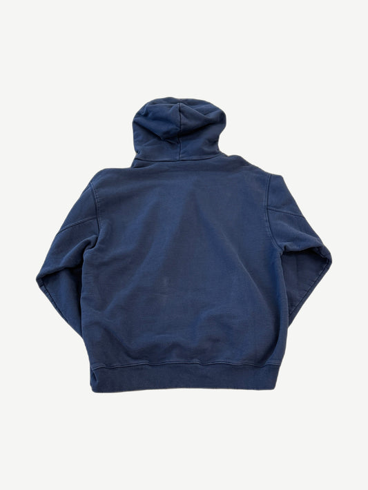 Balenciaga washed navy Marathon hoodie back view showing distressed faded wash and dropped shoulder fit.