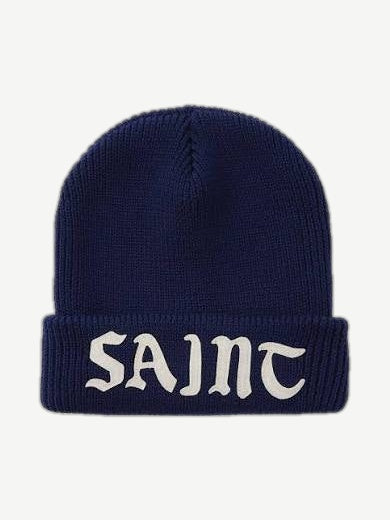 Saint Michael navy knit cuffed beanie with embroidered white serif logo on folded brim.
