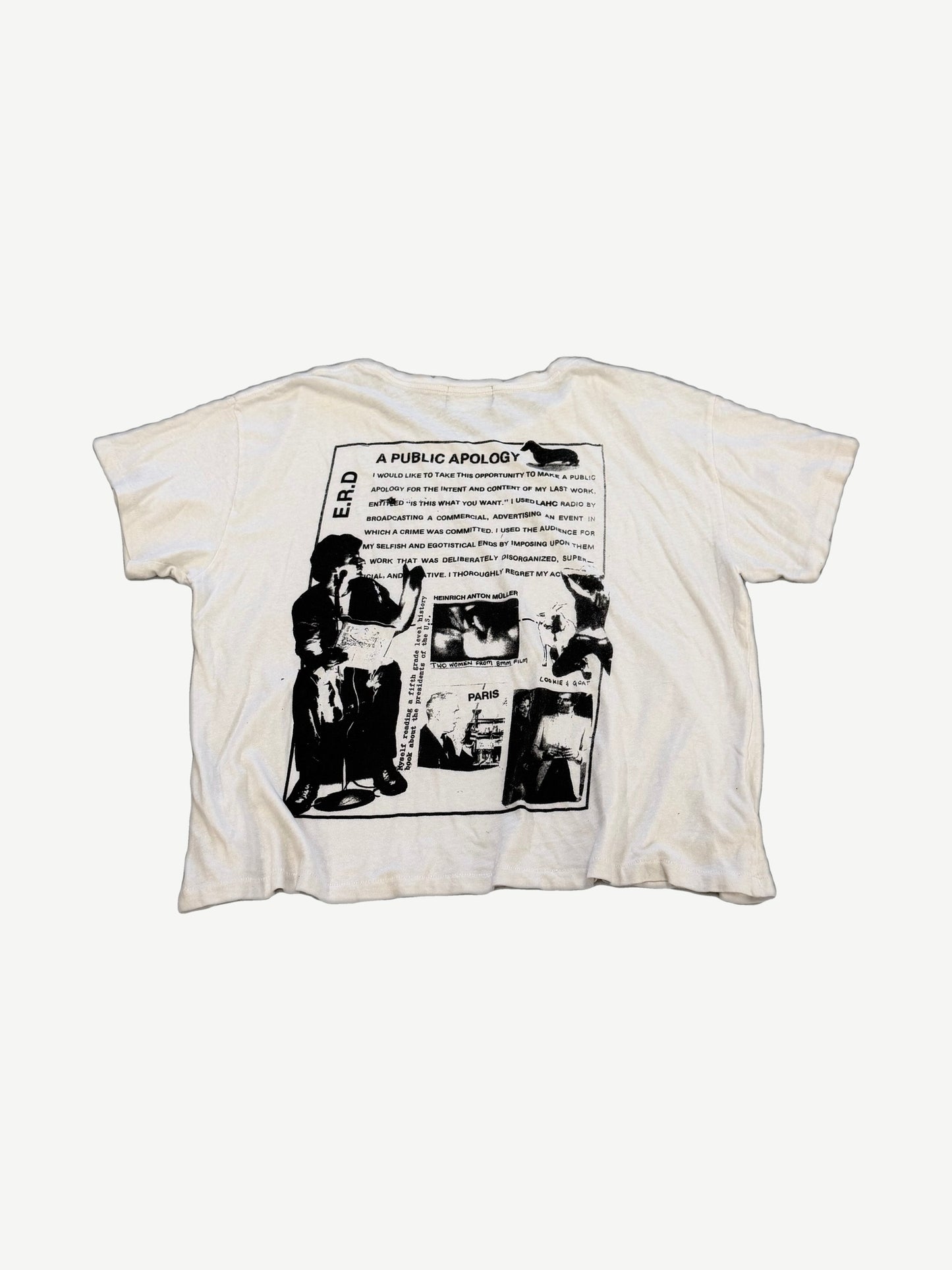 Enfants Riches Deprimes Public Apology cream tee back with collage photo print and typewritten manifesto text