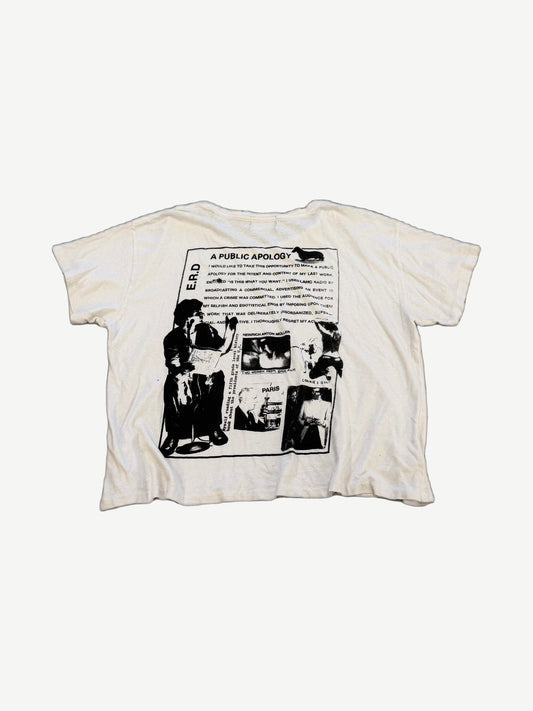 Enfants Riches Deprimes Public Apology cream tee back with collage photo print and typewritten manifesto text