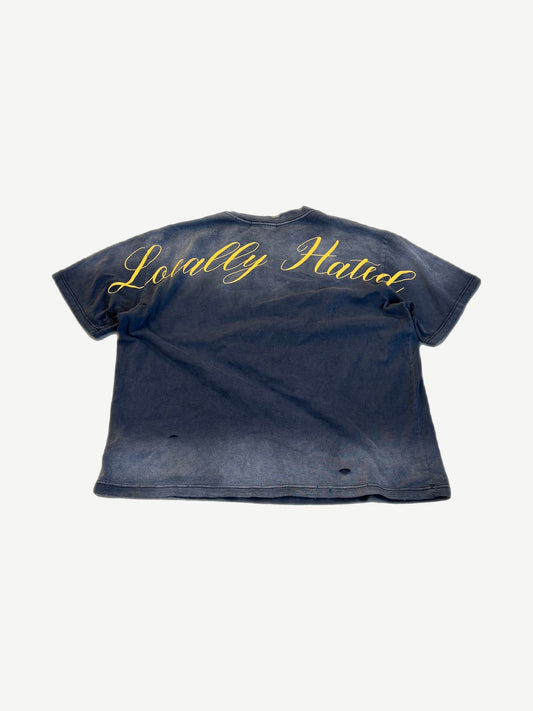 Back of Project GR washed navy tee with Locally Hated yellow cursive script print across shoulders