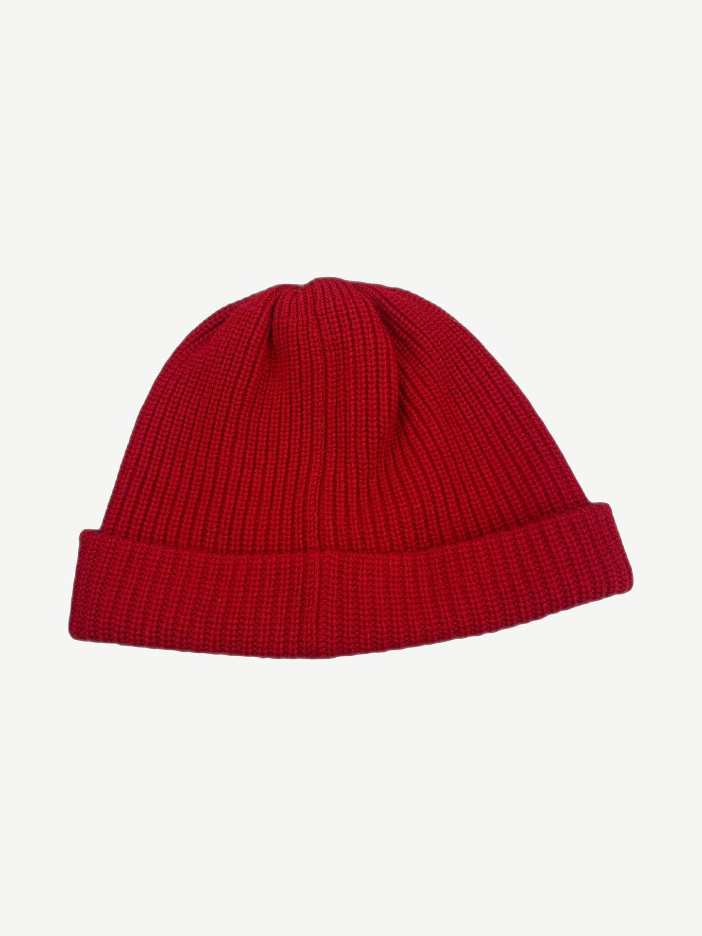 Chrome Hearts red knit beanie alternate angle, ribbed cashmere with leather star patch
