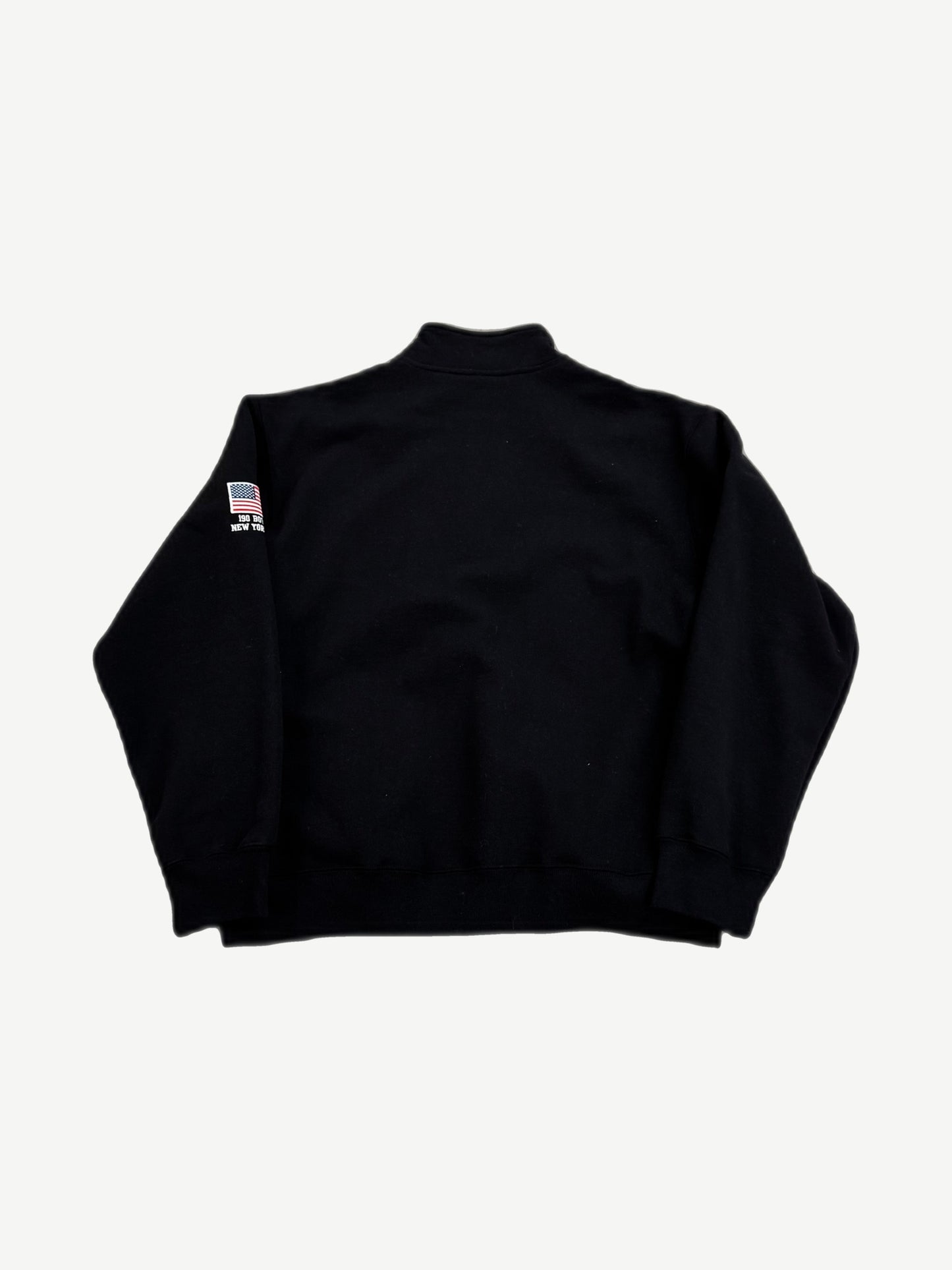 Supreme Black Flag half-zip pullover back view, black fleece with ribbed cuffs and hem