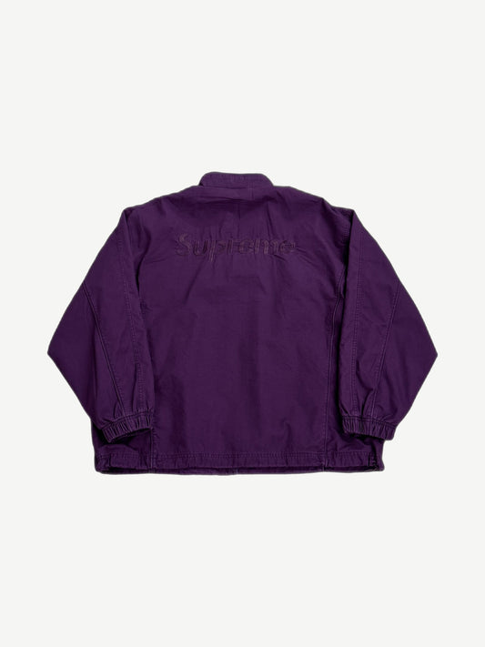 Supreme Umbro plum track jacket rear view with tonal embroidered Supreme box logo across upper back