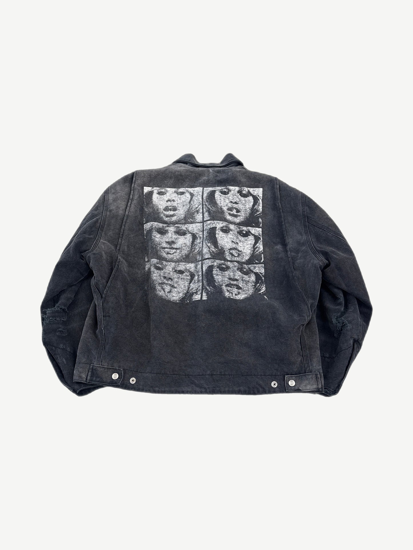 Enfants Riches Deprimes black jacket back showing six-panel screen-printed face portraits in white ink.