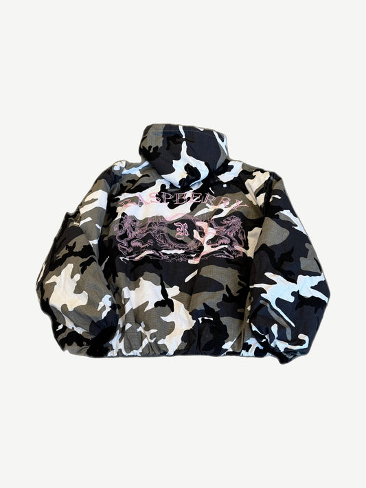 GV Gallery Raspberry Hills Ice Camo Deron jacket back view with allover blue grey camouflage print