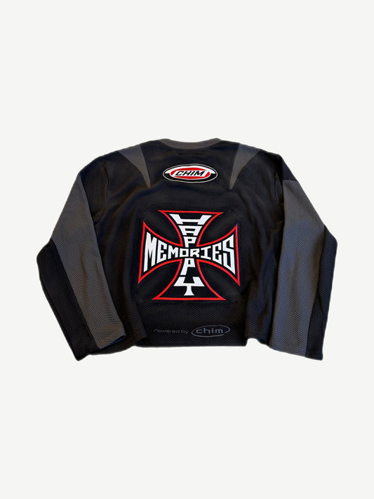 HMDD black moto jersey back view with red and white iron cross and Happy Memories text print
