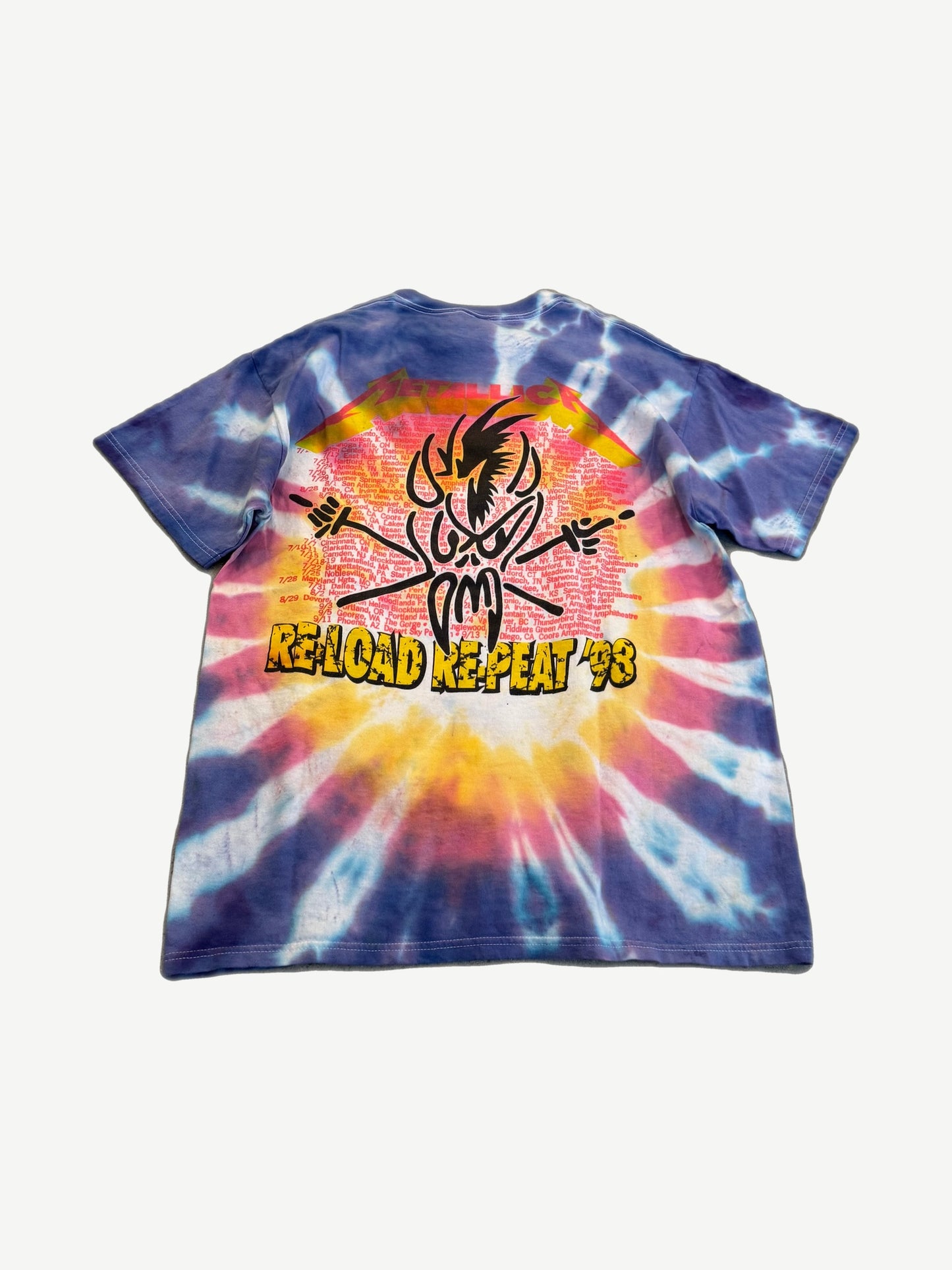 Vintage Metallica Reload Repeat 98 tour tee in blue, pink and yellow tie-dye with devil skull graphic