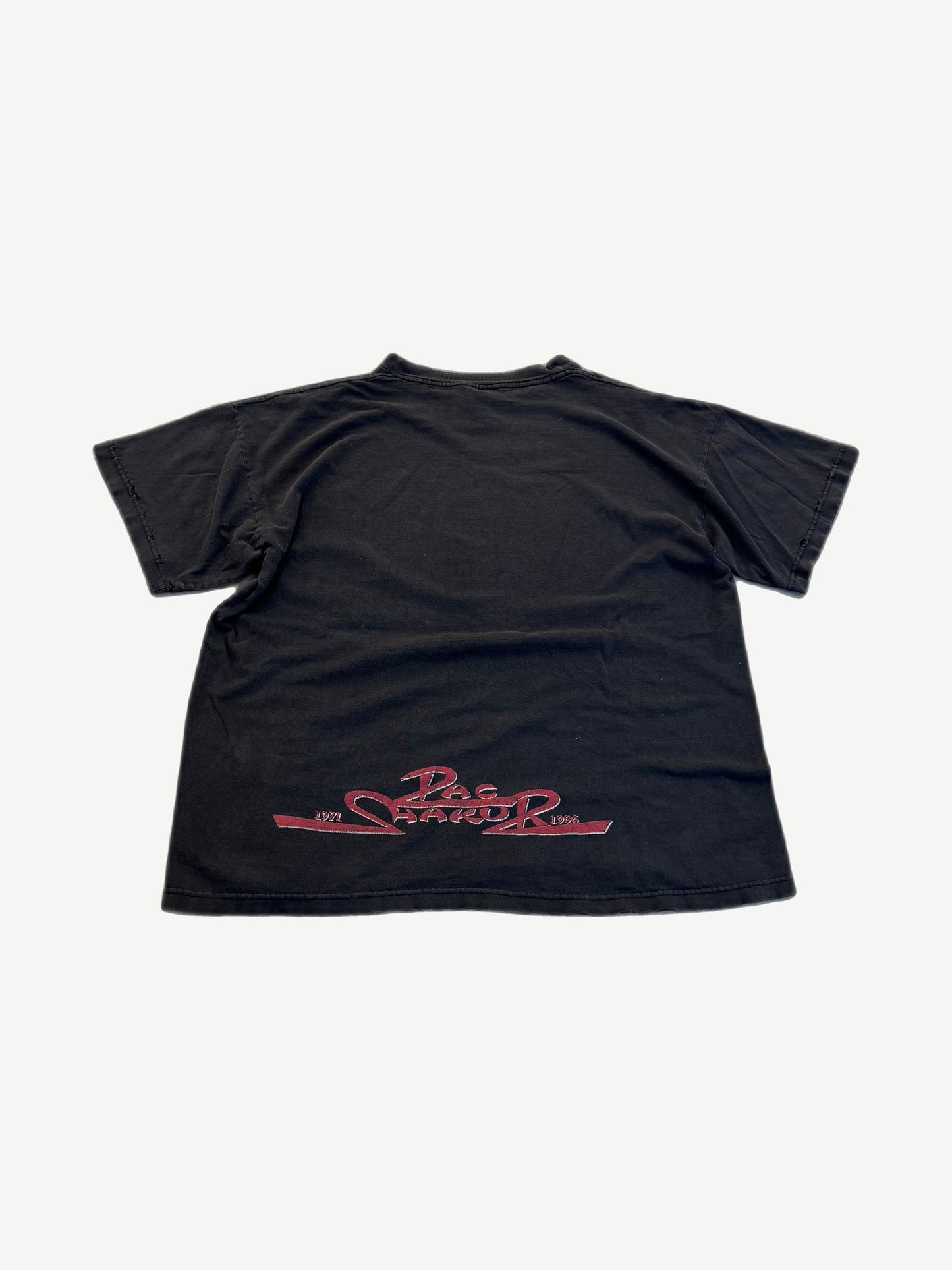 Vintage Tupac 4ever memorial tee back view with rap lyric tribute print on heavyweight faded cotton.