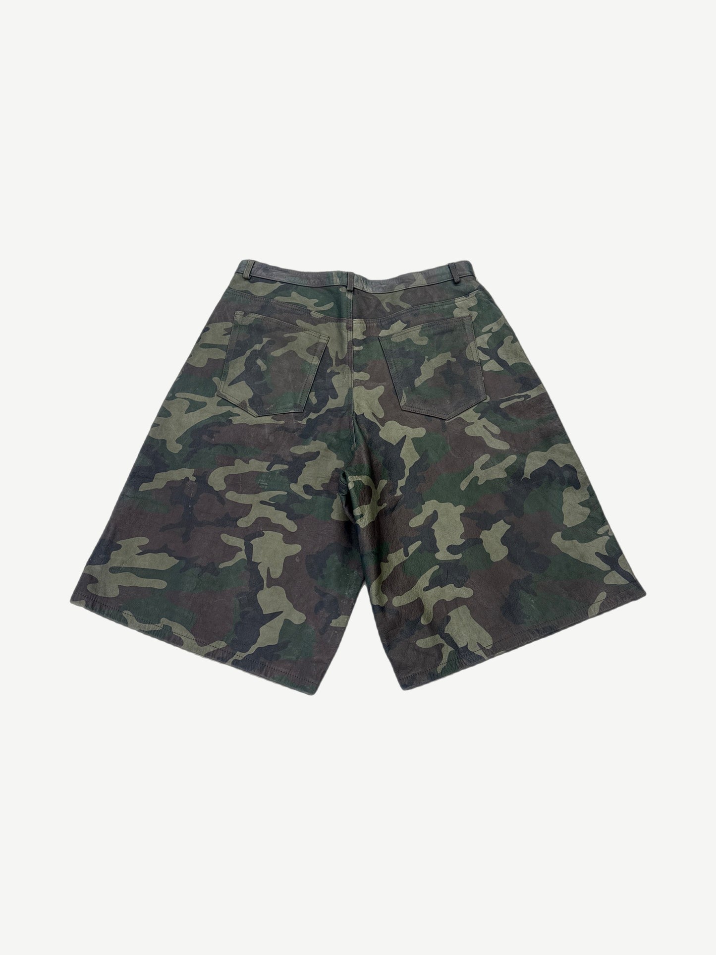 Raspberry Hills camouflage leather cargo shorts, back view showing rear pockets and panel stitching