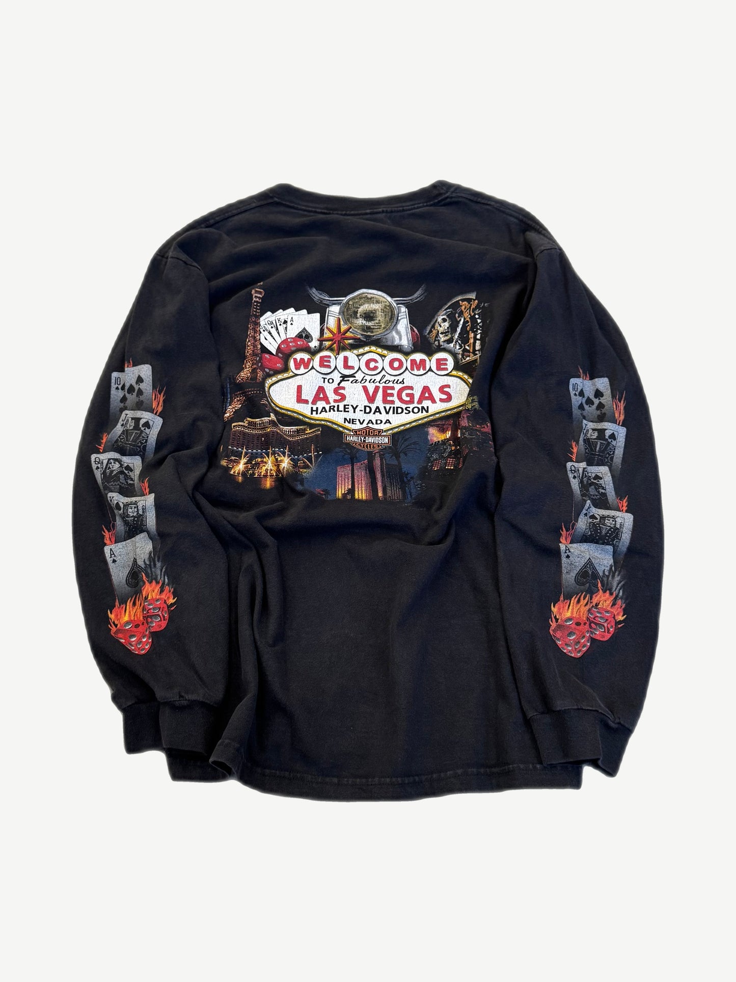 Vintage Harley Davidson Las Vegas long sleeve back, large skull with rolling dice flames graphic in red and white