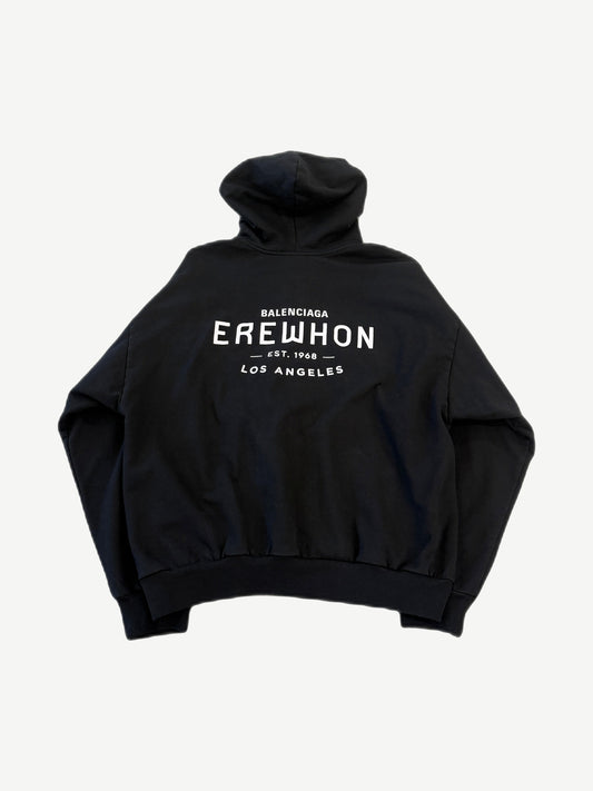 Balenciaga Erewhon black zip-up hoodie back view showing oversized cut and clean back panel.