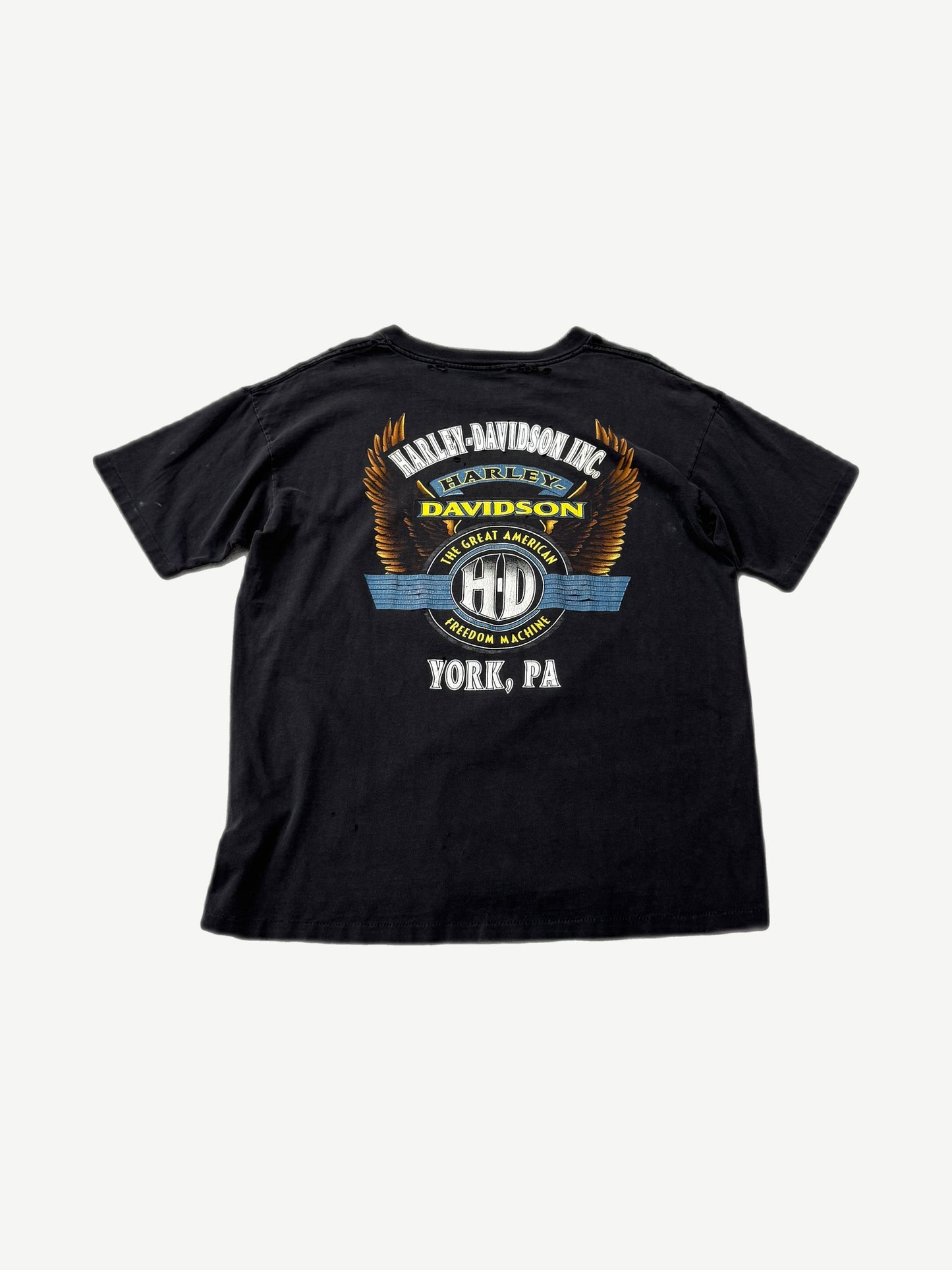Vintage Harley Davidson black tee back with eagle wings H-D Freedom Machine York PA graphic