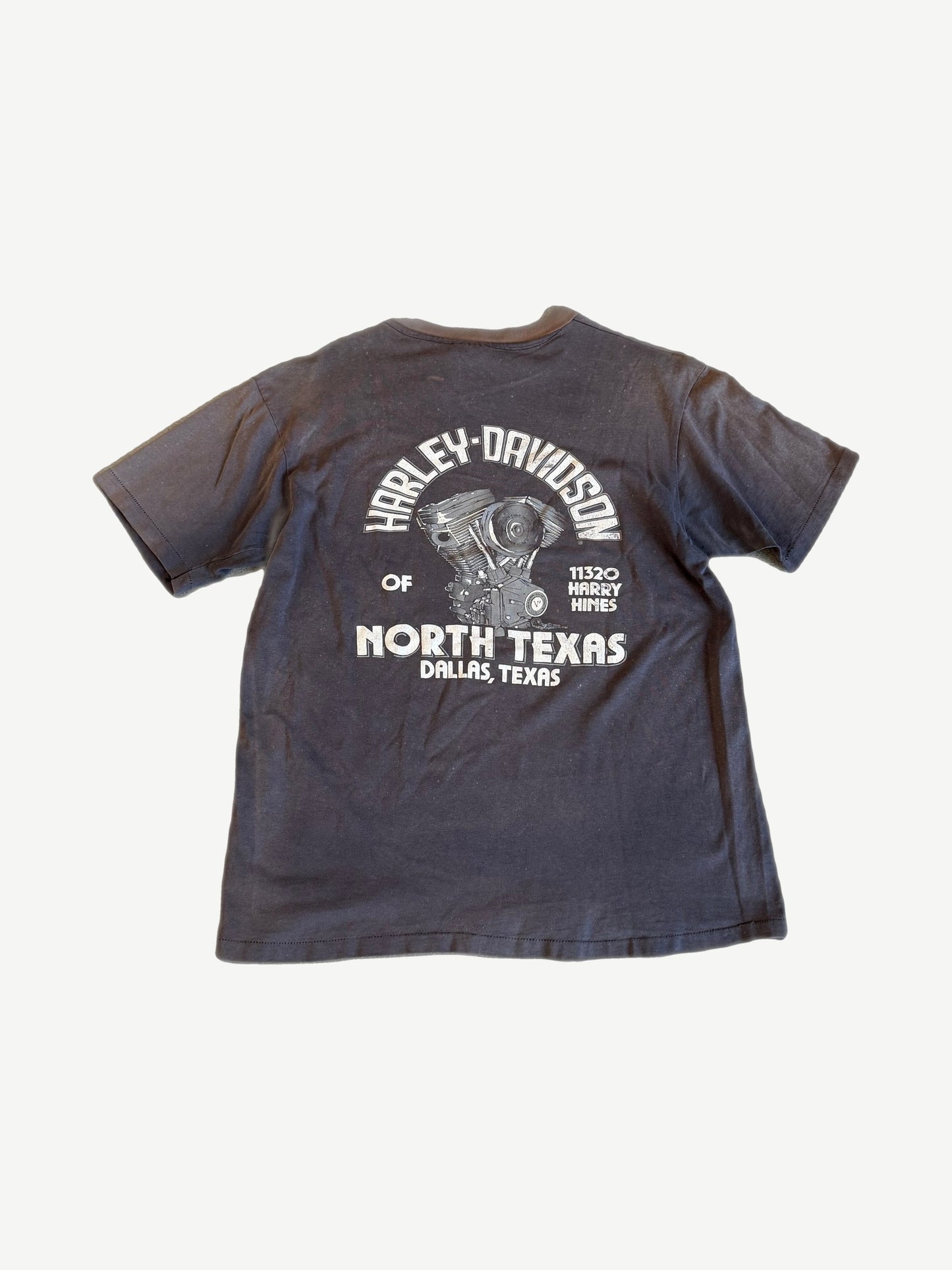 Vintage Harley-Davidson Real Steel tee back with North Texas Dallas dealer arch text and V-twin engine print