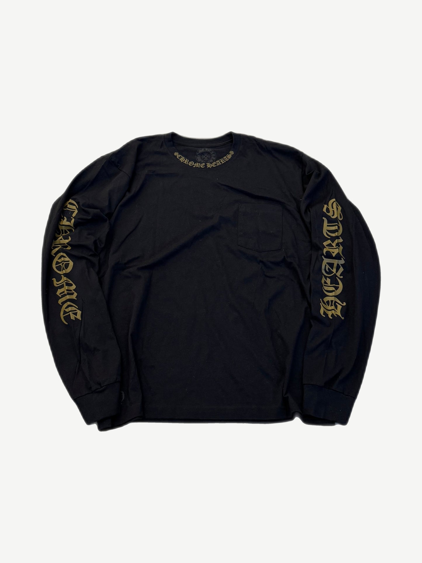 Chrome Hearts black longsleeve tee with olive gothic logo sleeve and neck print, chest pocket