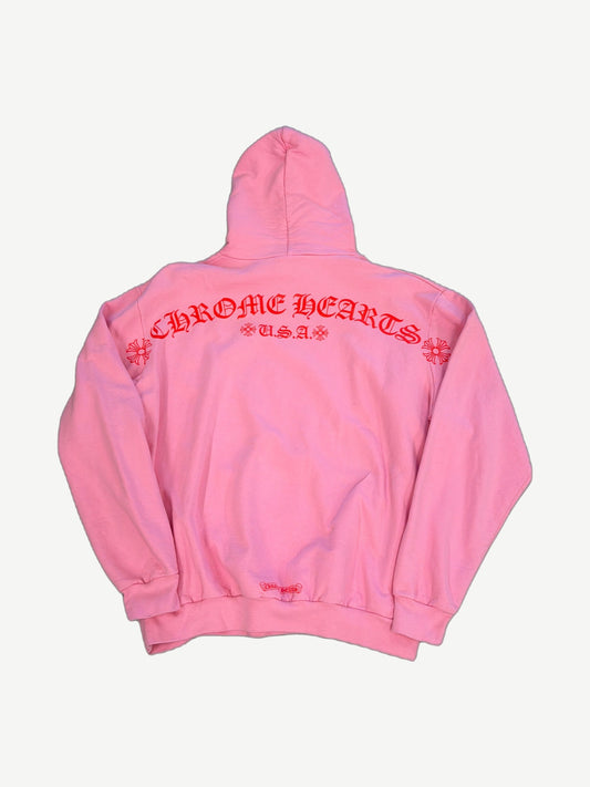 Chrome Hearts pink hoodie back with arched red Chrome Hearts USA gothic print and dagger flower motifs