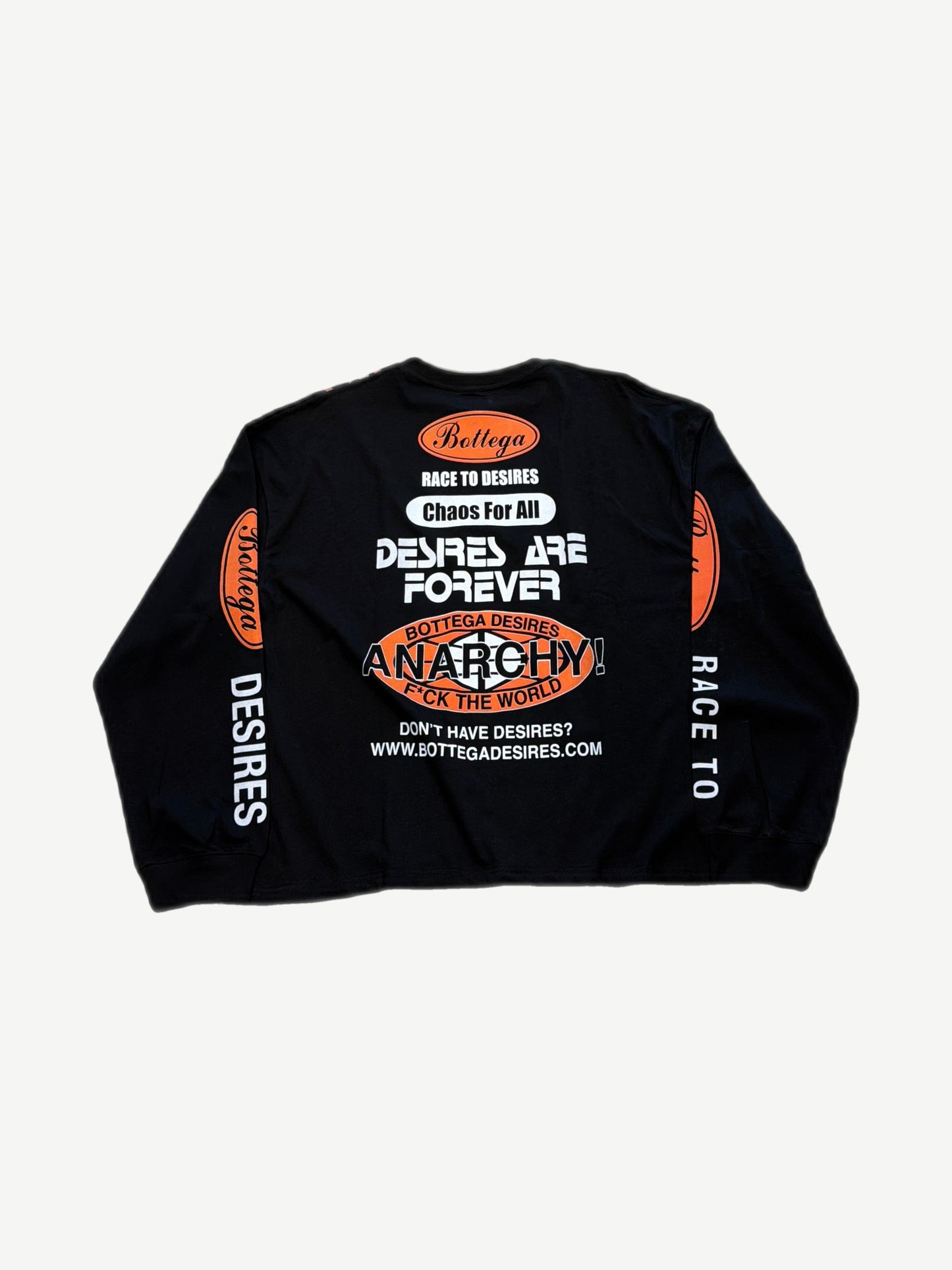Bottega Desires Race To Desires longsleeve back, Chaos For All text and Anarchy slogan print
