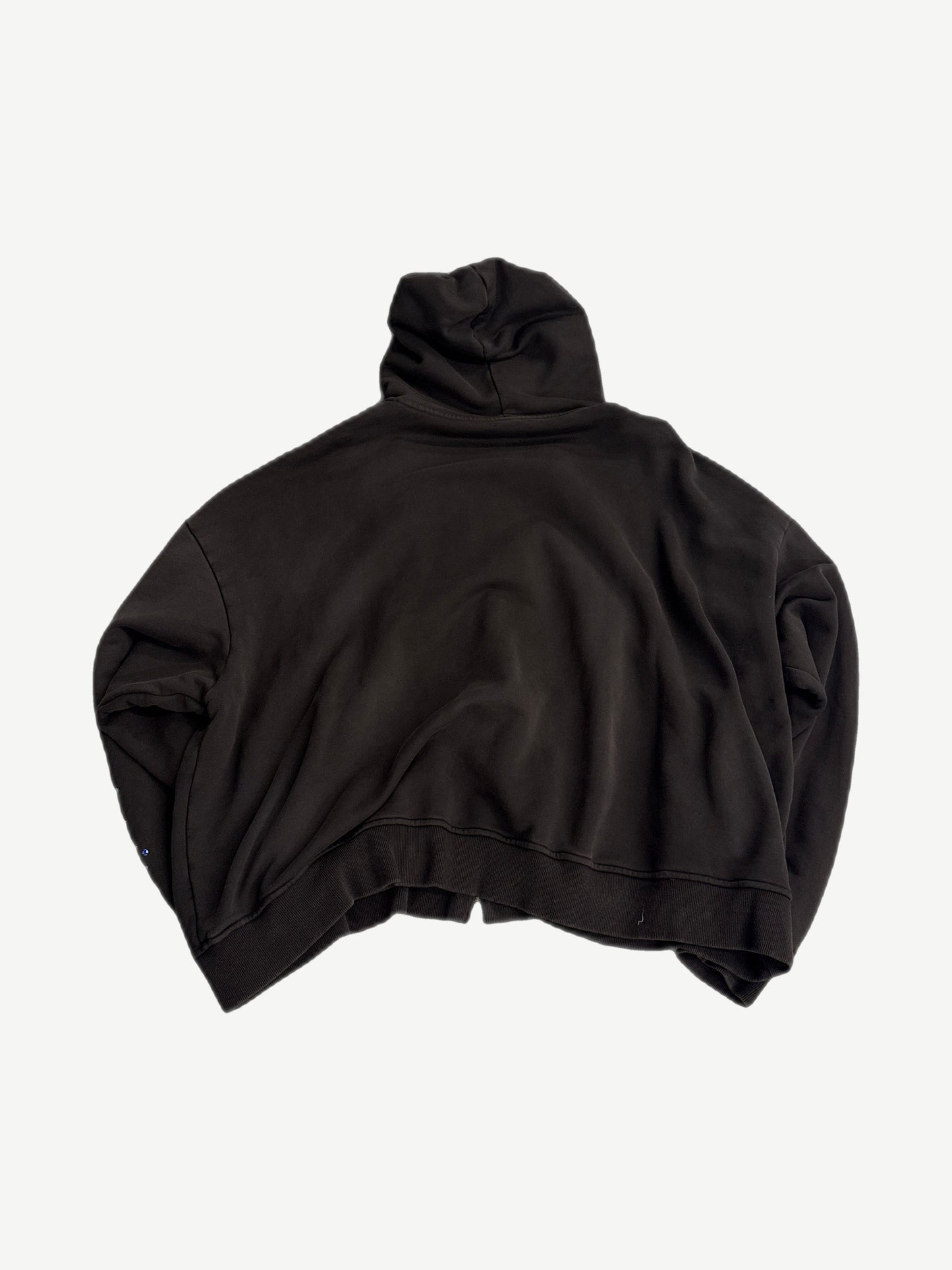 HMDD brown crystal zip up back view in plain dark brown cotton with attached hood
