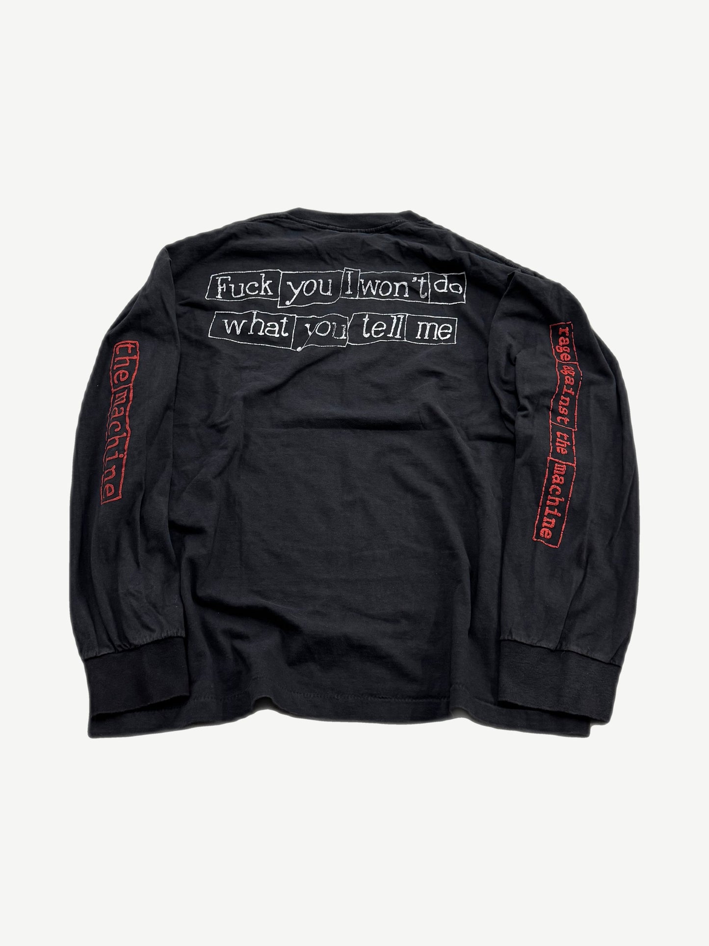 Vintage Rage Against the Machine black longsleeve back reading Fuck You I Won't Do What You Tell Me.