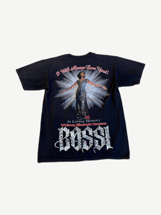 Bossi Whitney Houston memorial tee back with angelic stage photo, I Will Always Love You and rhinestone BOSSI logo