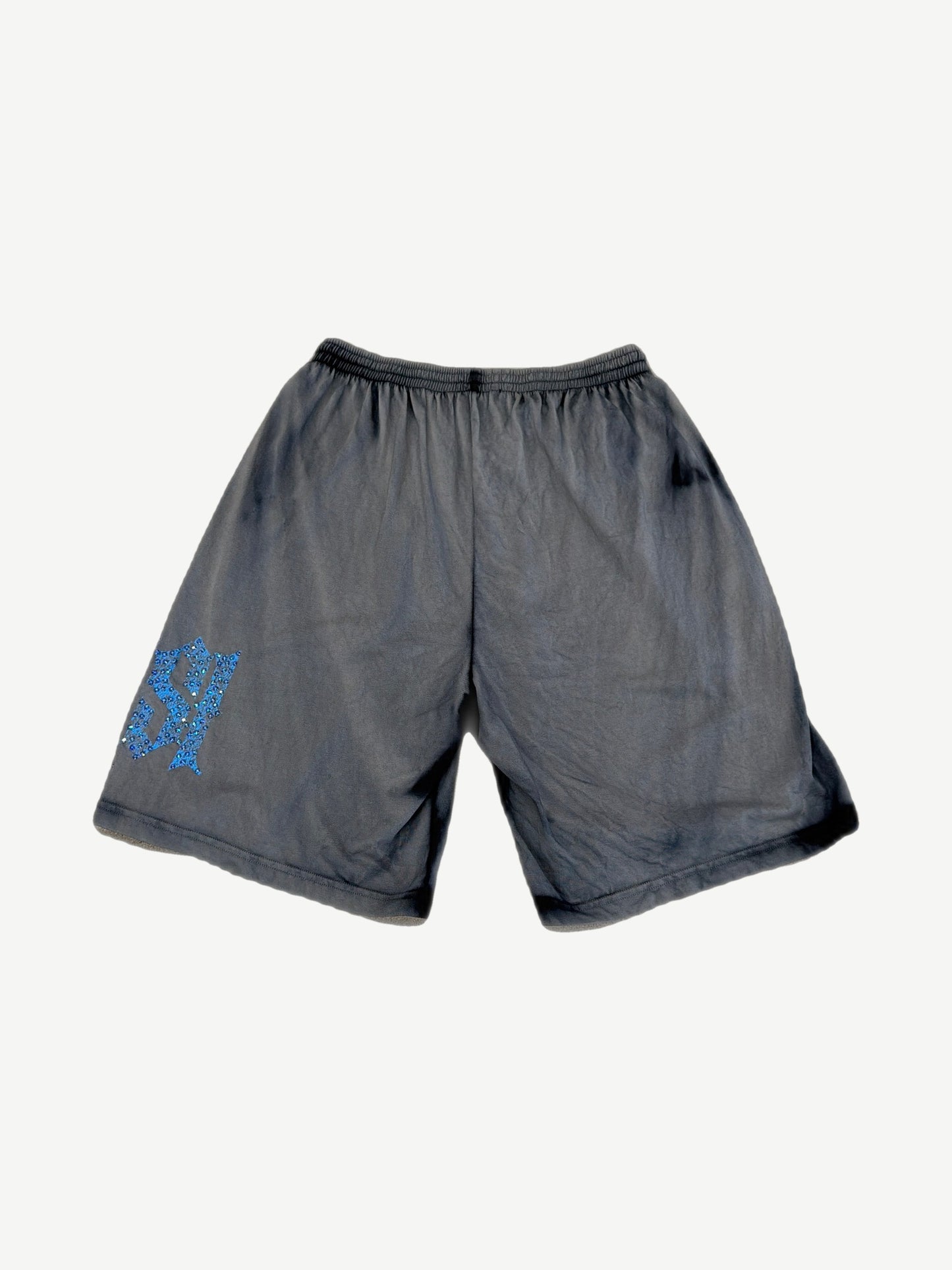 Bossi faded black mesh shorts back with blue rhinestone gothic logo on lower left leg
