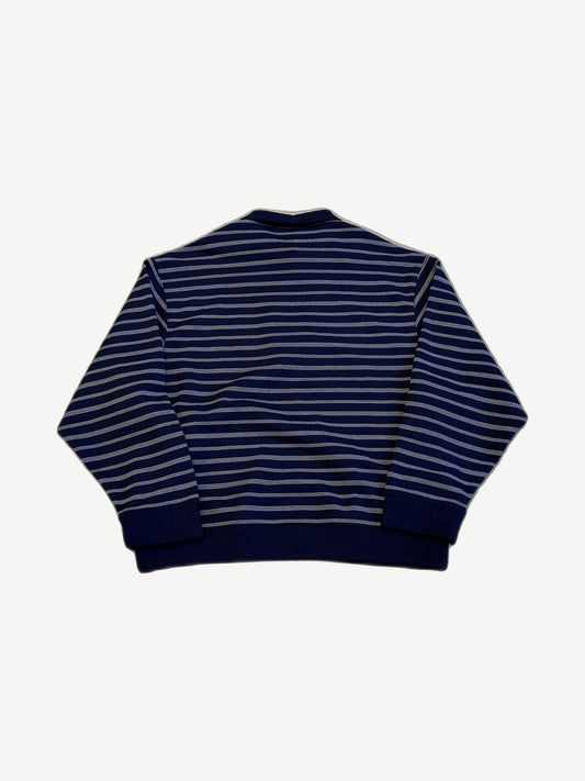 Back of Miu Miu navy and white striped halfzip polo sweatshirt with ribbed cuffs and hem.