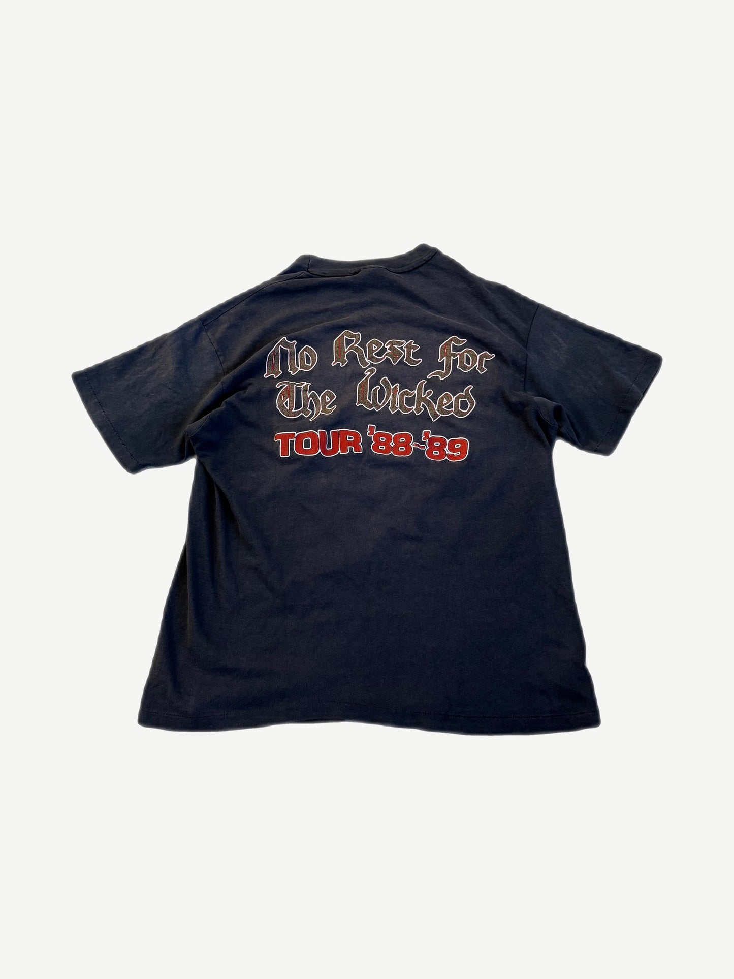 Back of Ozzy Osbourne black tee with No Rest For The Wicked gothic text and Tour 88 89 dates print.