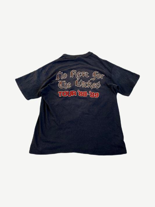 Back of Ozzy Osbourne black tee with No Rest For The Wicked gothic text and Tour 88 89 dates print.
