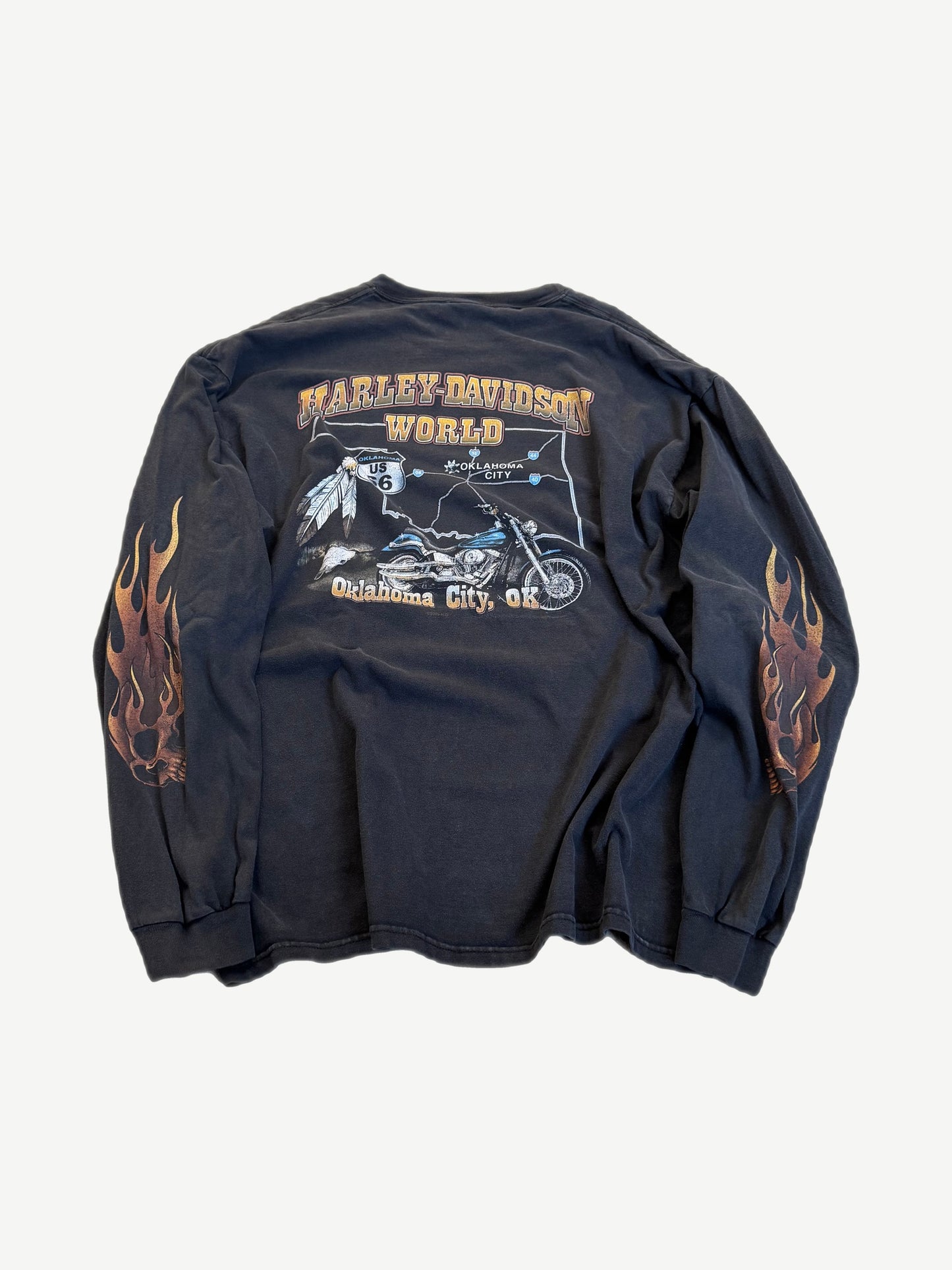 Vintage Harley Davidson skull flame long sleeve back view, large dealer graphic with Oklahoma City branding.
