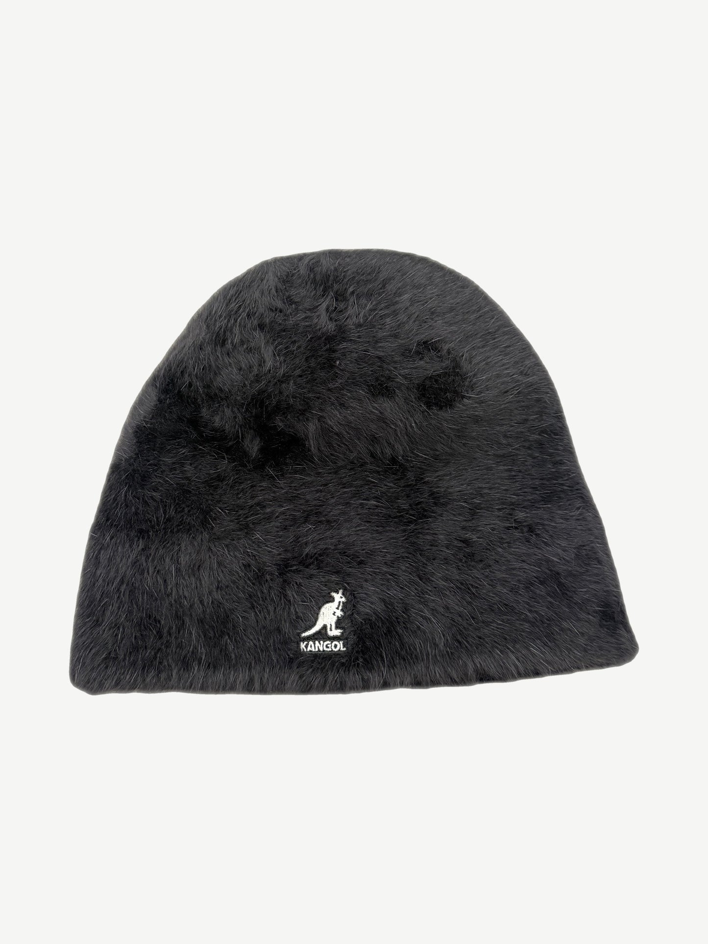 Reverse side of Supreme Kangol black Furgora beanie showing plush fur texture and white Kangol kangaroo logo