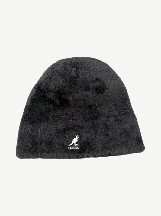 Reverse side of Supreme Kangol black Furgora beanie showing plush fur texture and white Kangol kangaroo logo