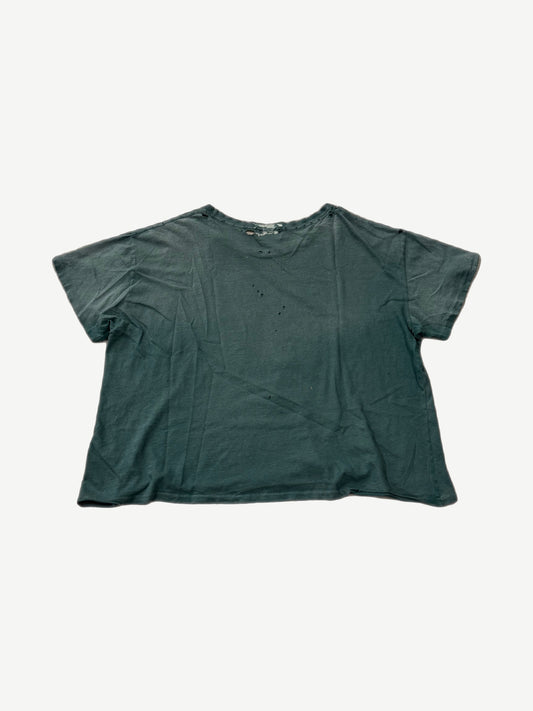 Enfants Riches Deprimes green tee back view showing distressed cotton with scattered holes