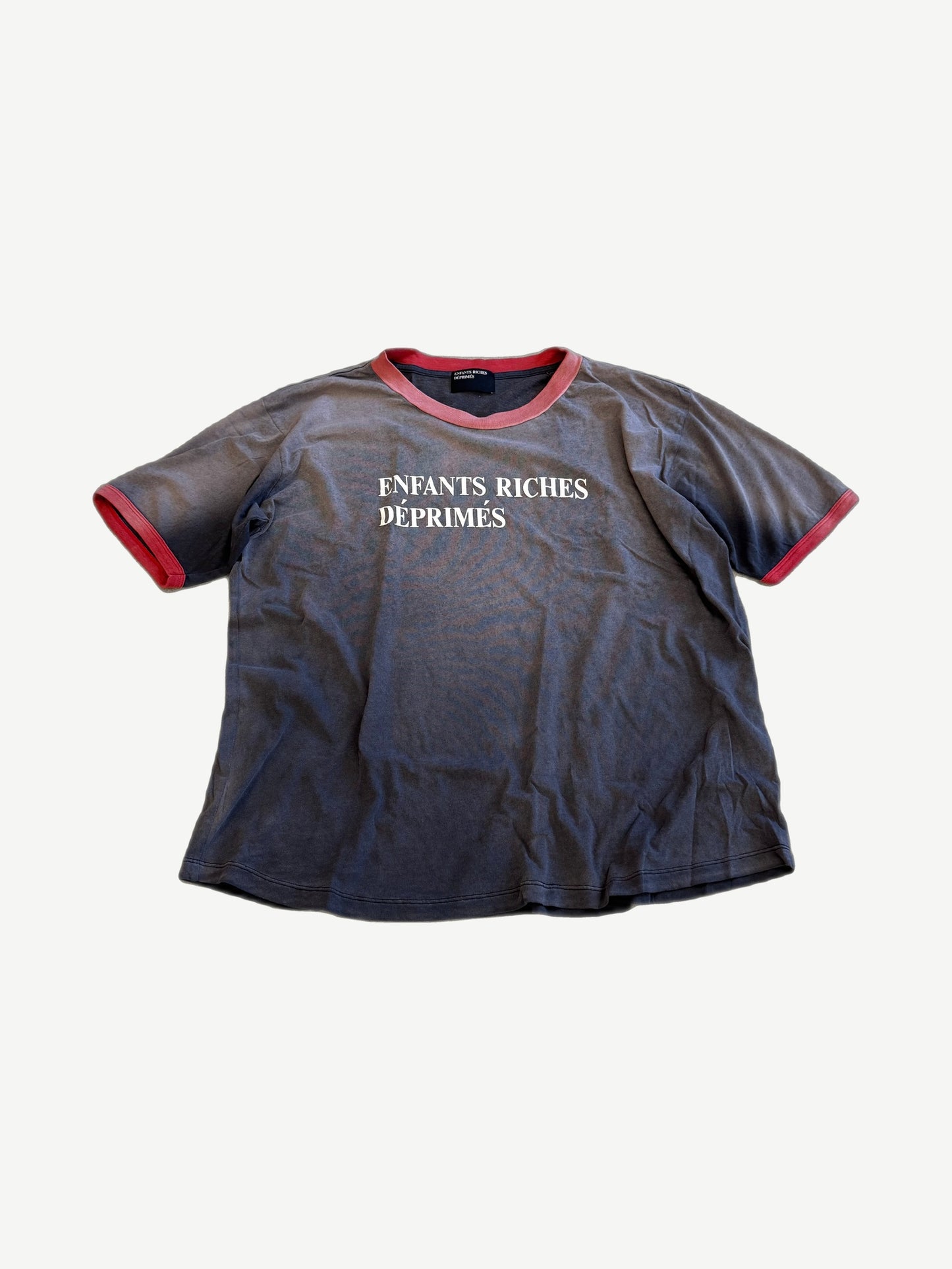Enfants Riches Deprimes faded gray ringer tee with red trim collar and red classic logo print on chest.