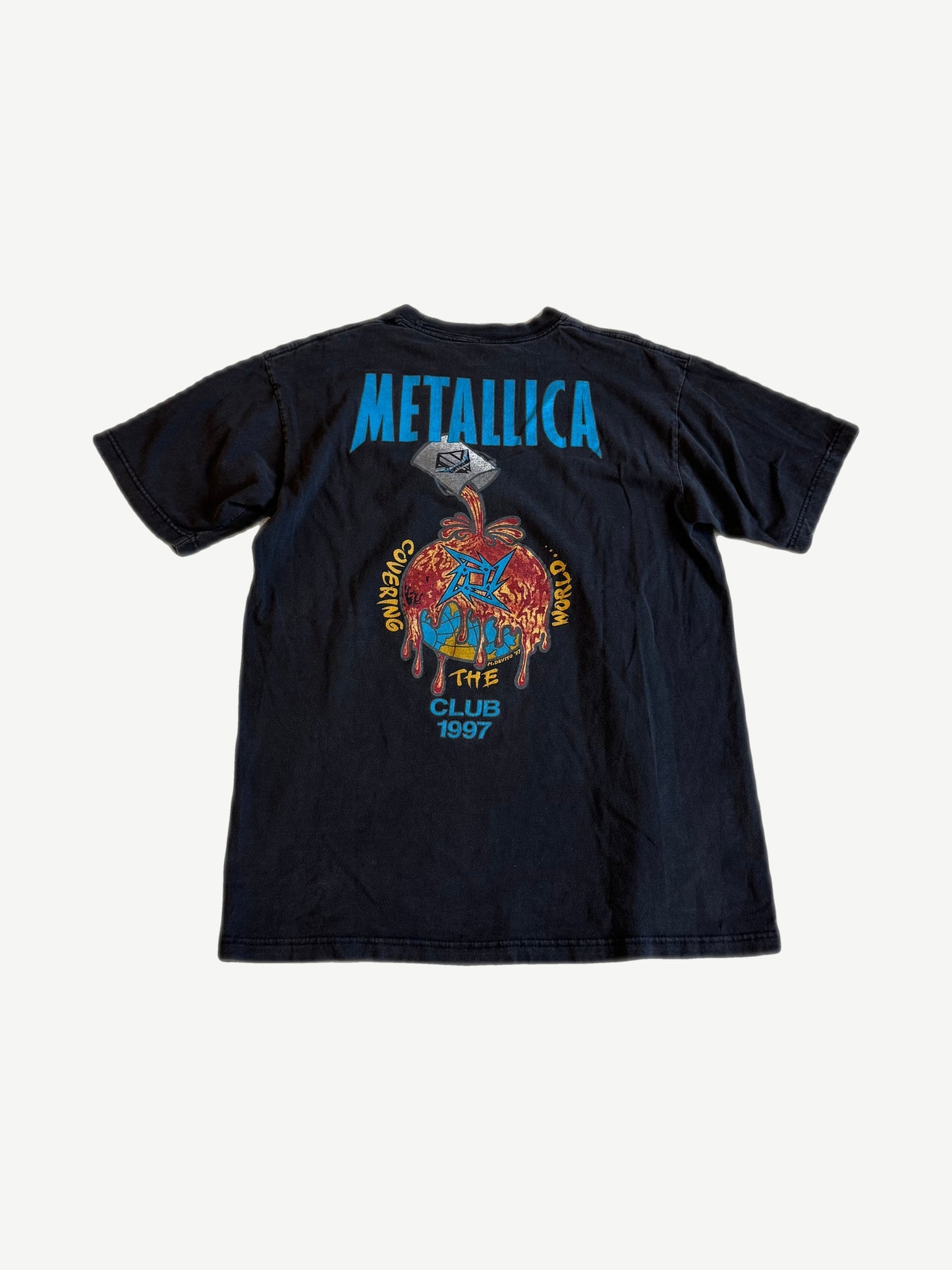 Vintage Metallica Covering The World Club 1997 tee back in faded black with dripping globe tour graphic