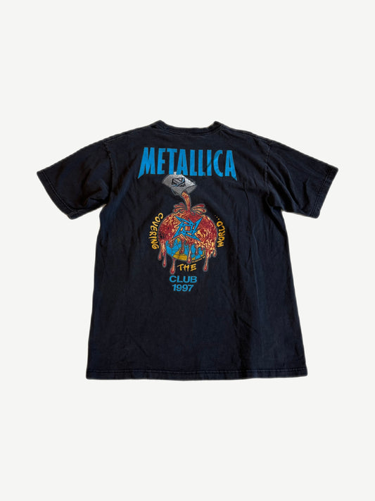 Vintage Metallica Covering The World Club 1997 tee back in faded black with dripping globe tour graphic