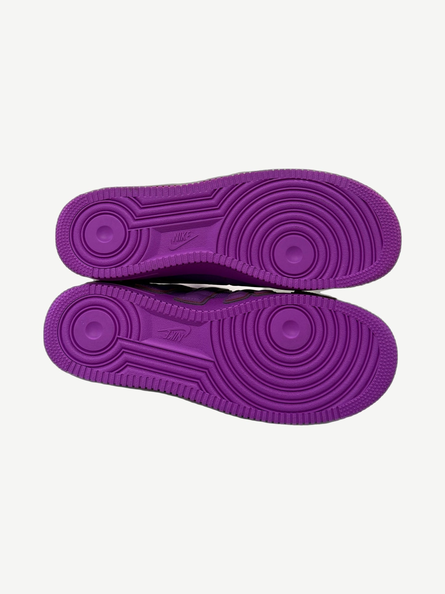 CPFM Nike Air Force 1 Fuchsia Dream outsole view with all-purple circular tread pattern and Nike branding