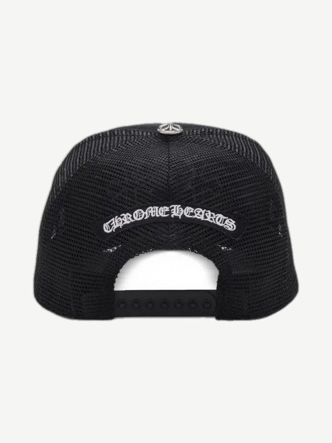 Chrome Hearts trucker hat back with adjustable mesh panel and white pony hair triple cross logo at front.