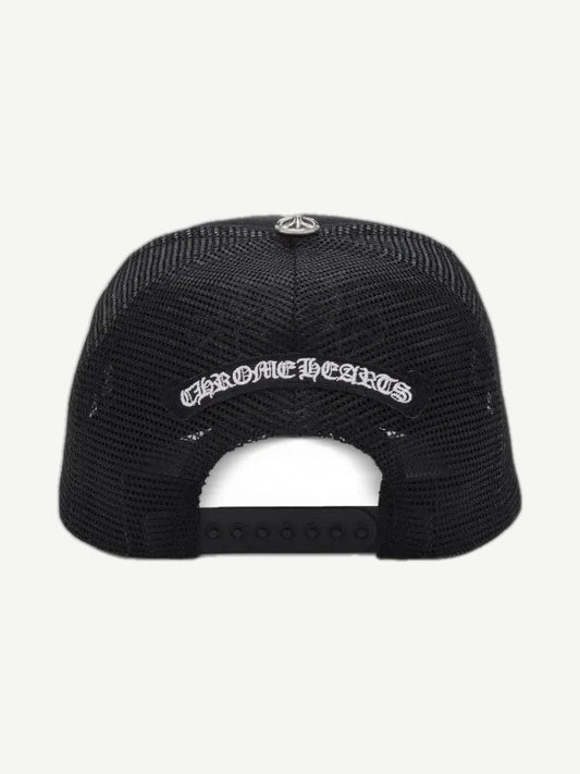Chrome Hearts trucker hat back with adjustable mesh panel and white pony hair triple cross logo at front.
