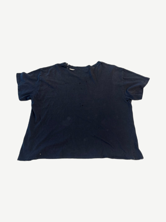 Enfants Riches Deprimes black distressed tee back view, plain panel with peppered holes and worn neckline.