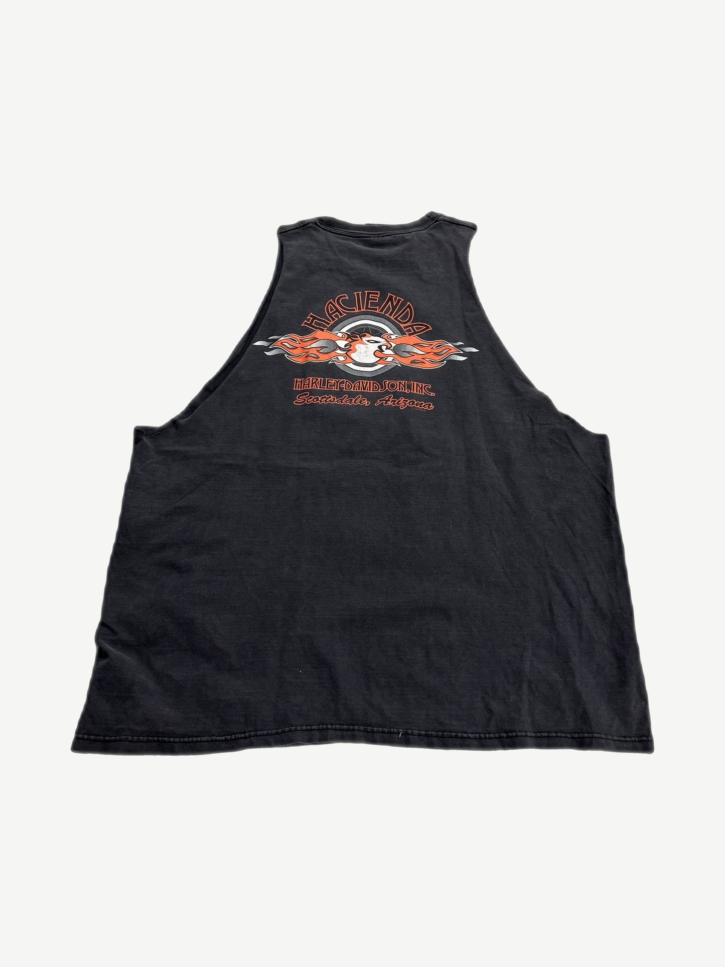 Vintage Harley Davidson cutoff tee back with Hacienda Scottsdale Arizona flame graphic on black cotton