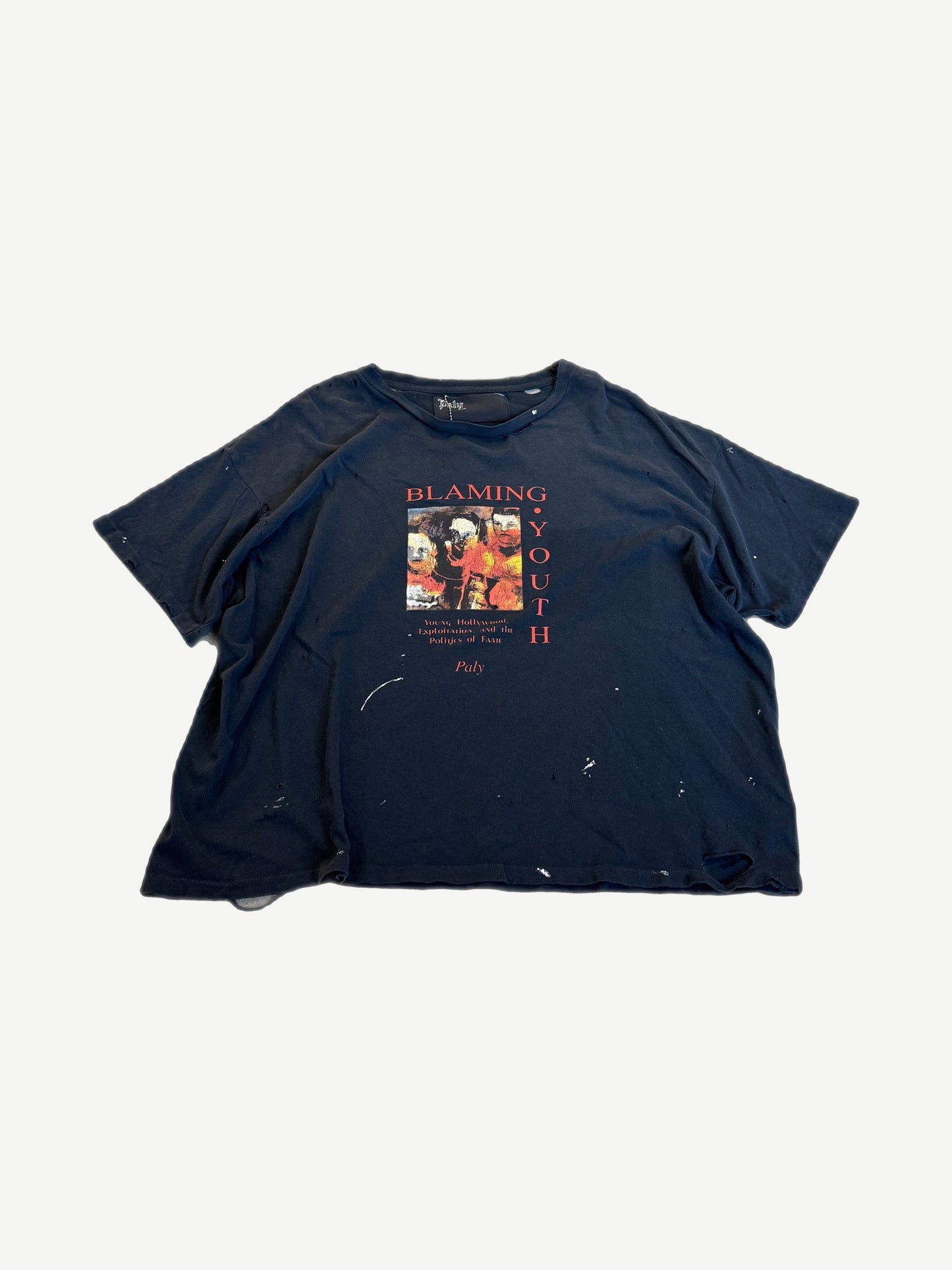 Paly Hollywood distressed Blaming Youth tee with washed faded white print on natural cream cotton.