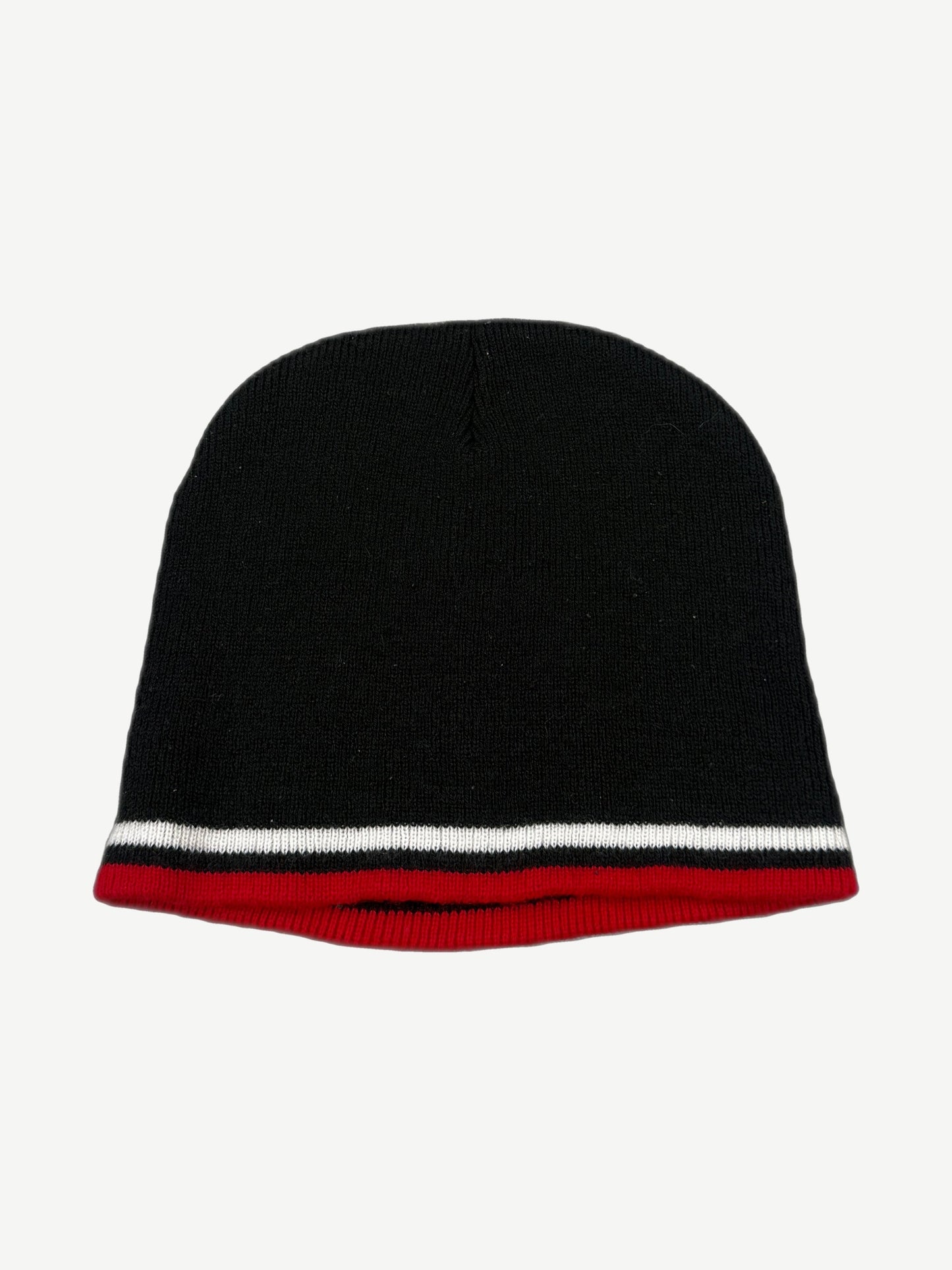 Vintage West Coast Choppers black knit beanie back view with red white and black striped ribbed cuff