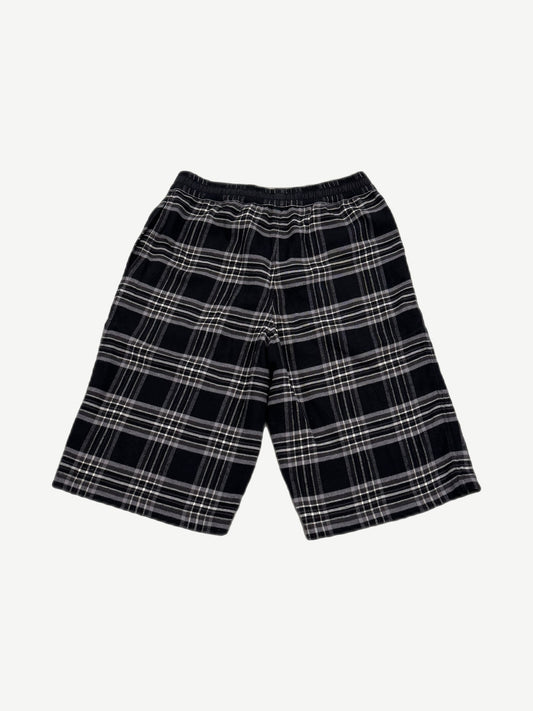 Chrome Hearts After School flannel shorts back view, plaid weave with stitched leather trim accents