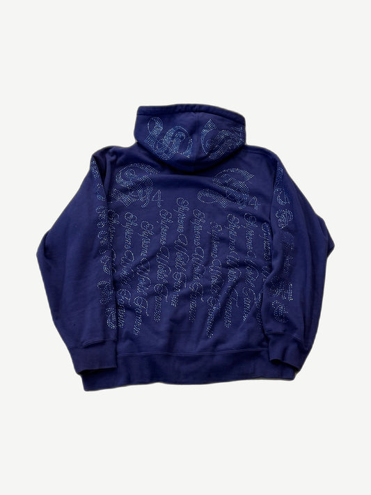 Supreme washed navy rhinestone zipup hoodie back view with repeating crystal script logo across body and hood