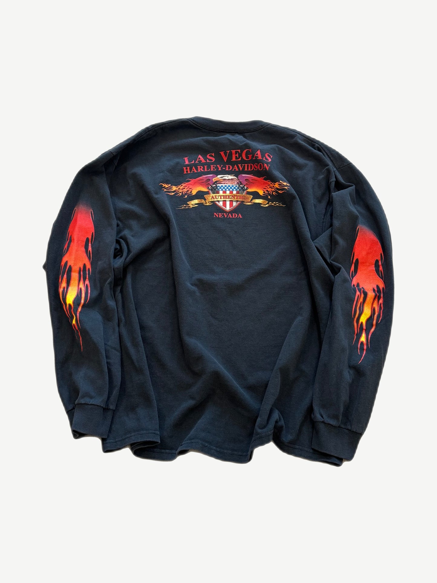 Harley Davidson Las Vegas Nevada longsleeve back with eagle crest and red and orange sleeve flames