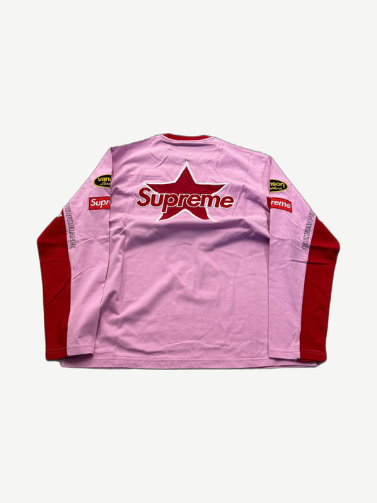 Supreme Vanson Leathers pink longsleeve back, large red Supreme star logo with red contrast sleeves