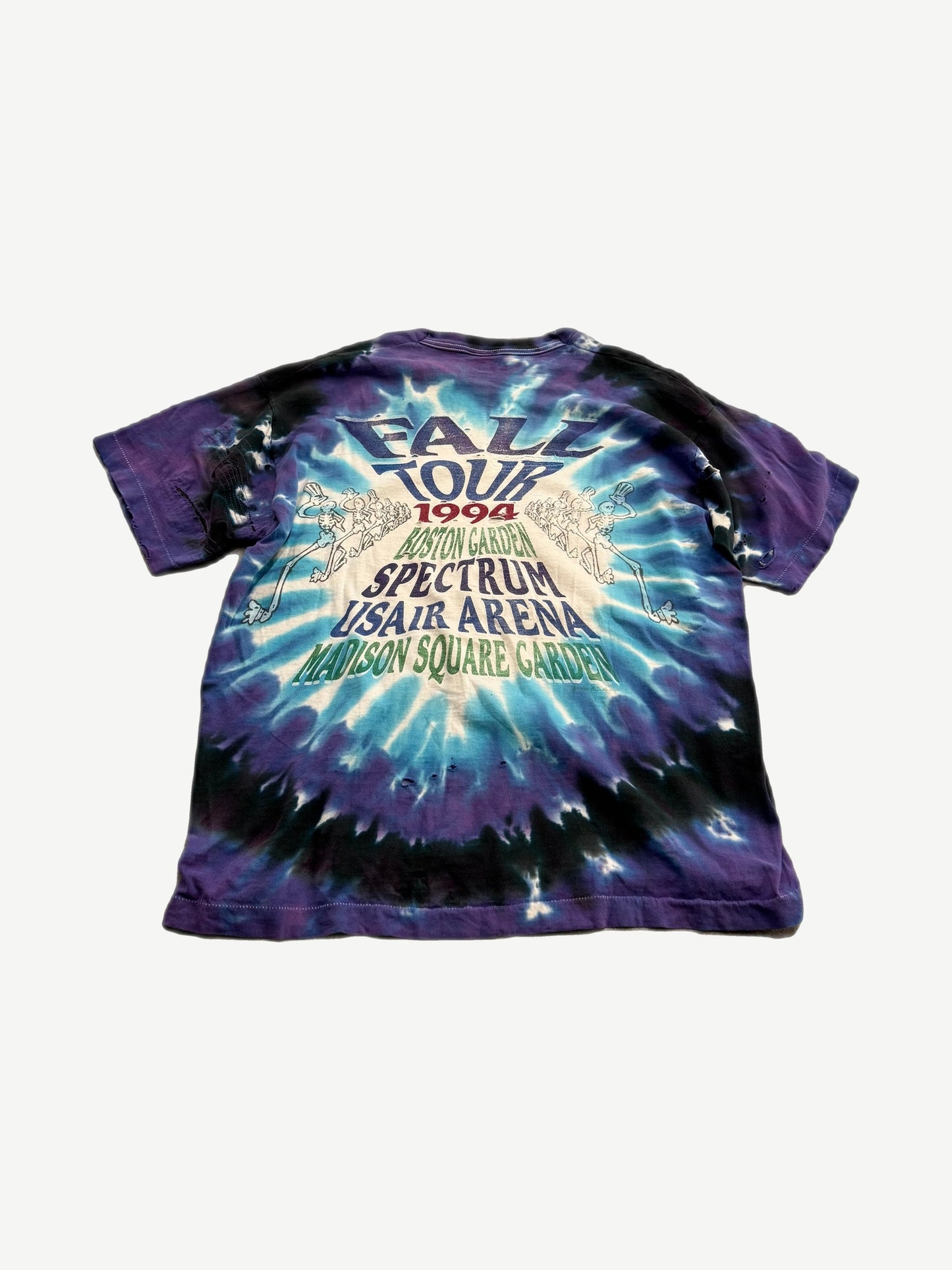 Grateful Dead Fall Tour tiedye tee, back view with tour dates list on rainbow spiral dyed cotton