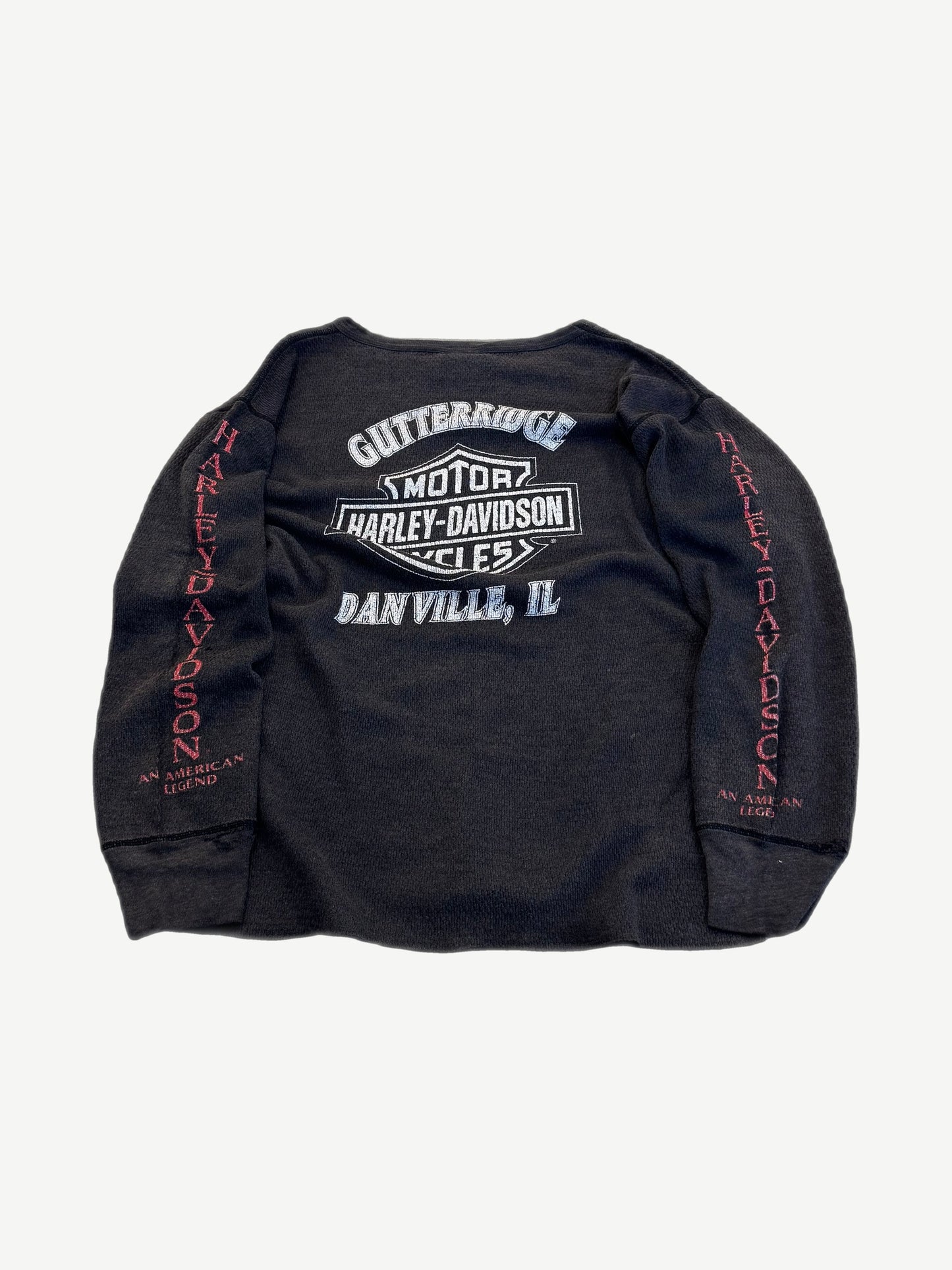 Vintage Harley Davidson thermal longsleeve back with large American Legend eagle and flag graphic print.