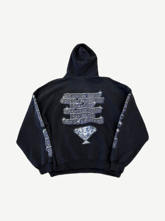Balenciaga black hoodie back with sparkle Product Drop Game Changer text and diamond graphic print