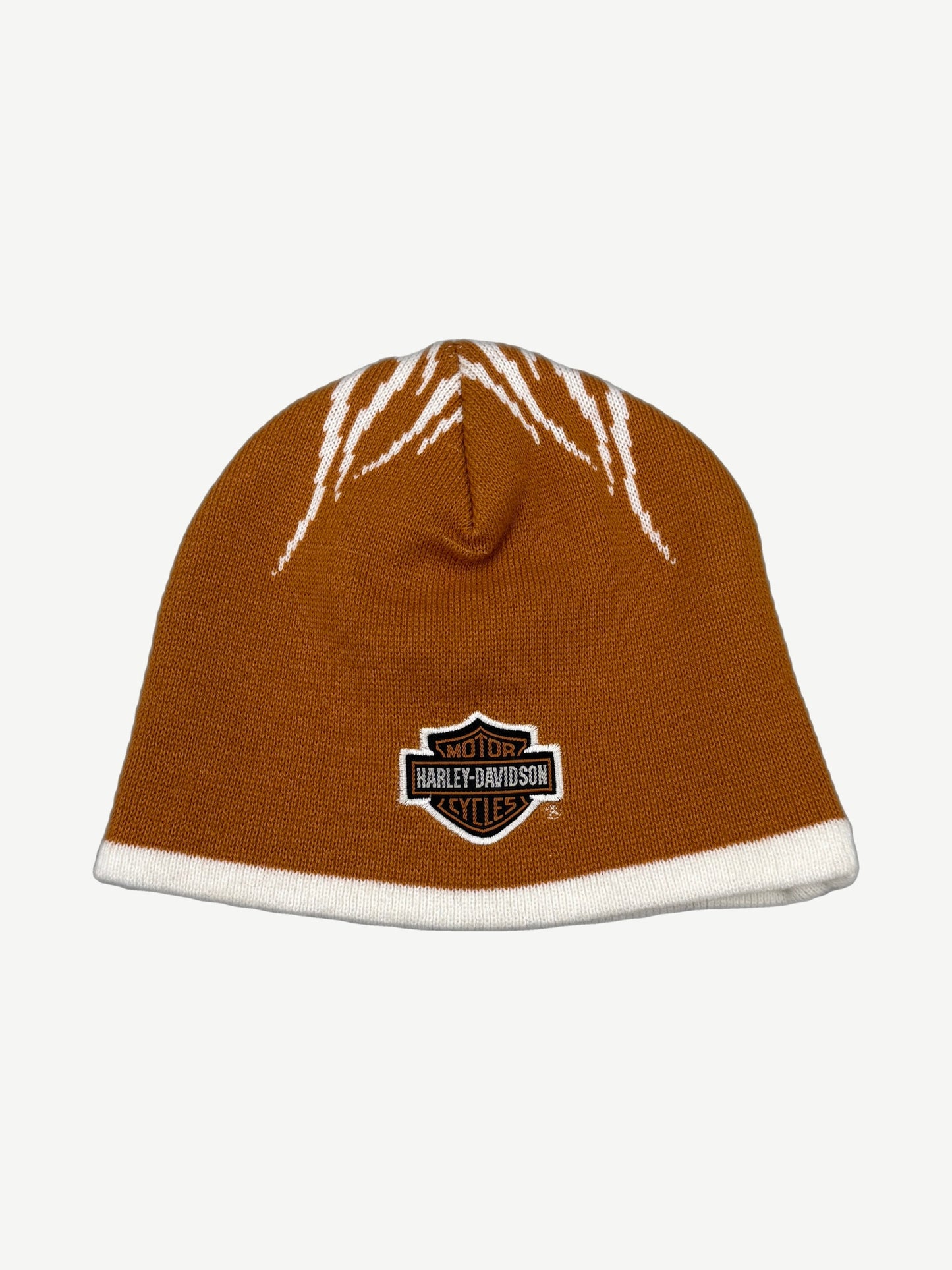 Vintage Harley Davidson orange knit beanie back view with white flame trim and embroidered logo